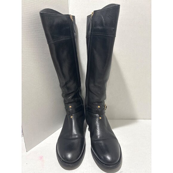 Tory Burch Eloise Tall black leather riding boots womens size 8 gold Logo - Picture 2 of 9